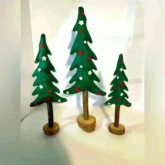 Handmade Primitive Felt Christmas Trees With Button And Stars - Lot Of 3 - Picture 1 of 11